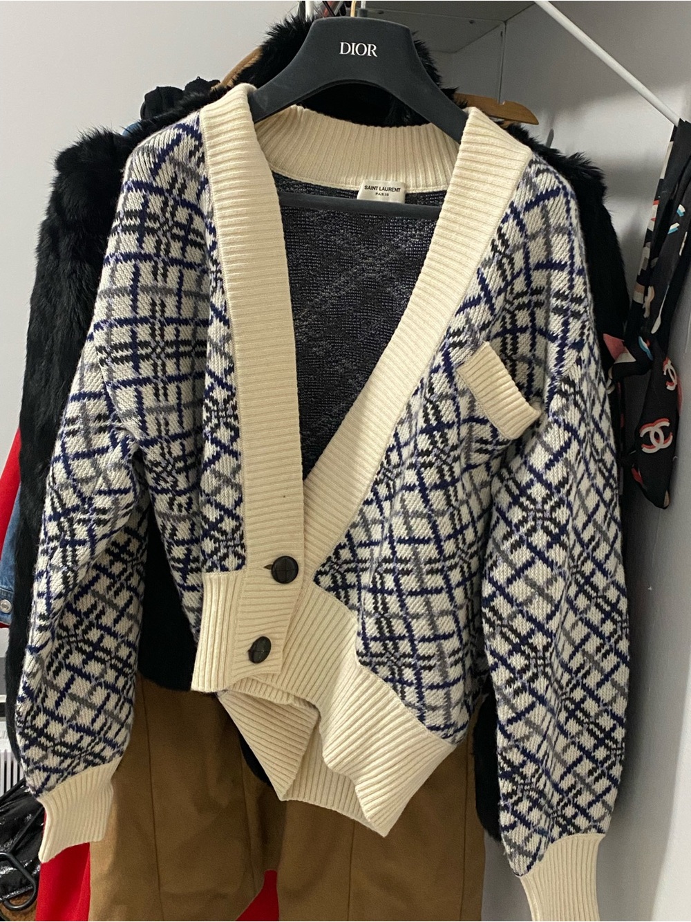 Saint Laurent Cream & Navy Geometric Knit Cardigan - Picture 2 of 5
